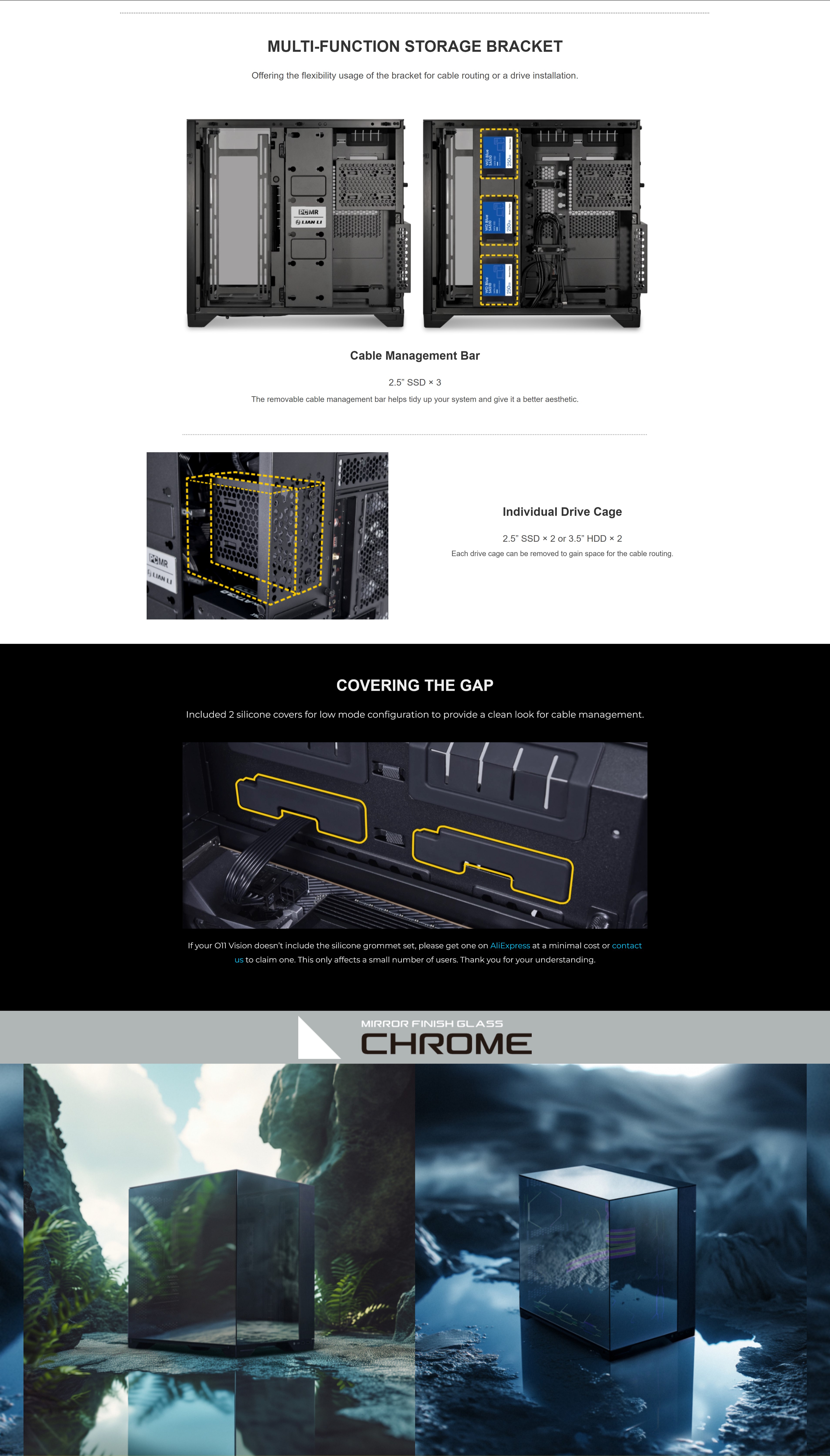 A large marketing image providing additional information about the product Lian Li O11 Vision Mid Tower Case - Chrome - Additional alt info not provided